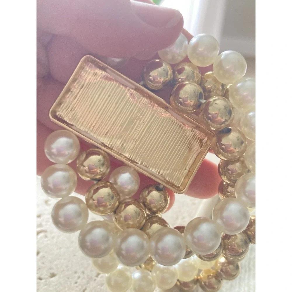Gold Tone Faux Pearl Stretch Bracelet‎ Set Stacked Beaded Hammered Bold Glam
